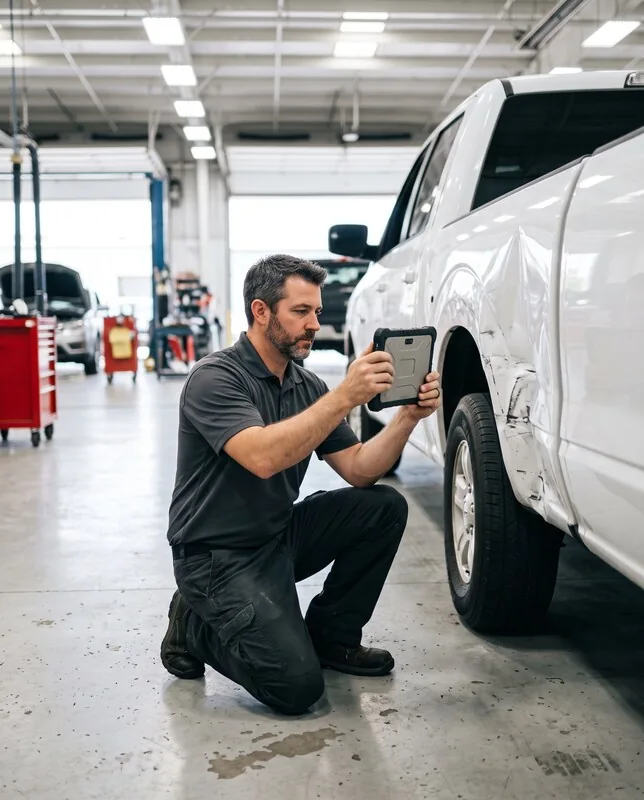 An estimator photographs a dented pickup bedside on a tablet
