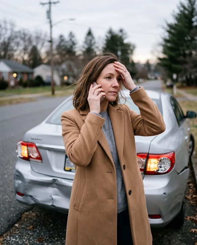 A driver on the phone beside her rear-ended sedan, hazard lights on