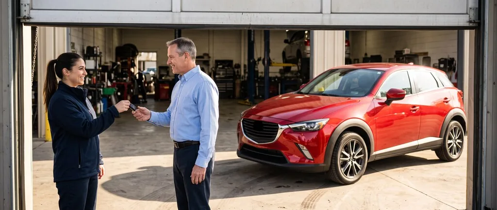 A service advisor hands the keys of a freshly repaired red SUV back to its owner